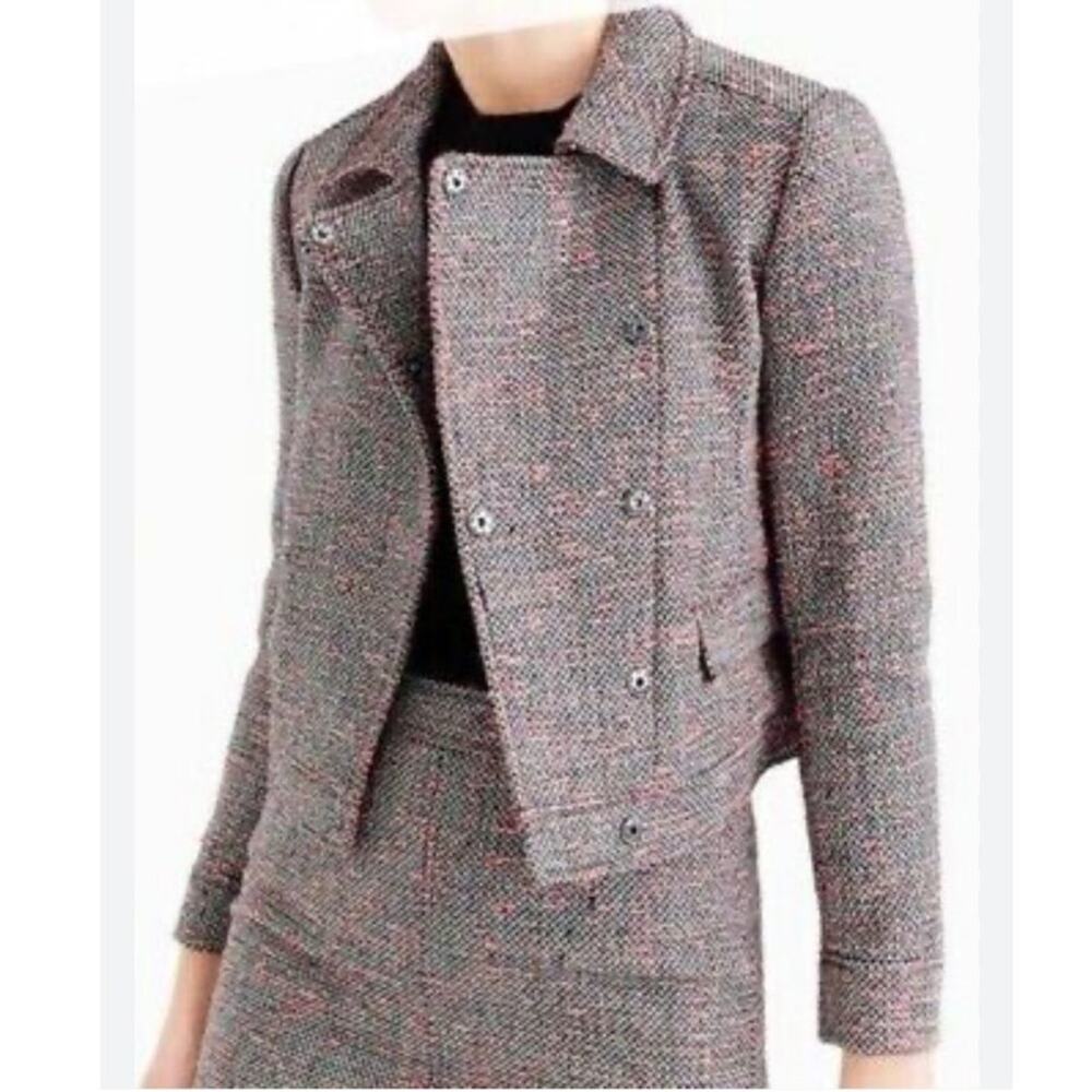 J. Crew Tweed Cropped Moto Jacket Blazer Black White Orange Asymmetric size 4